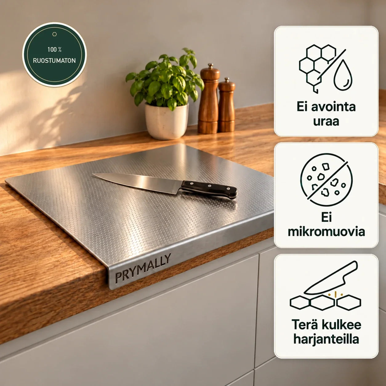Prymally-leikkuulauta ruostumattomasta teräksestä työtasolla