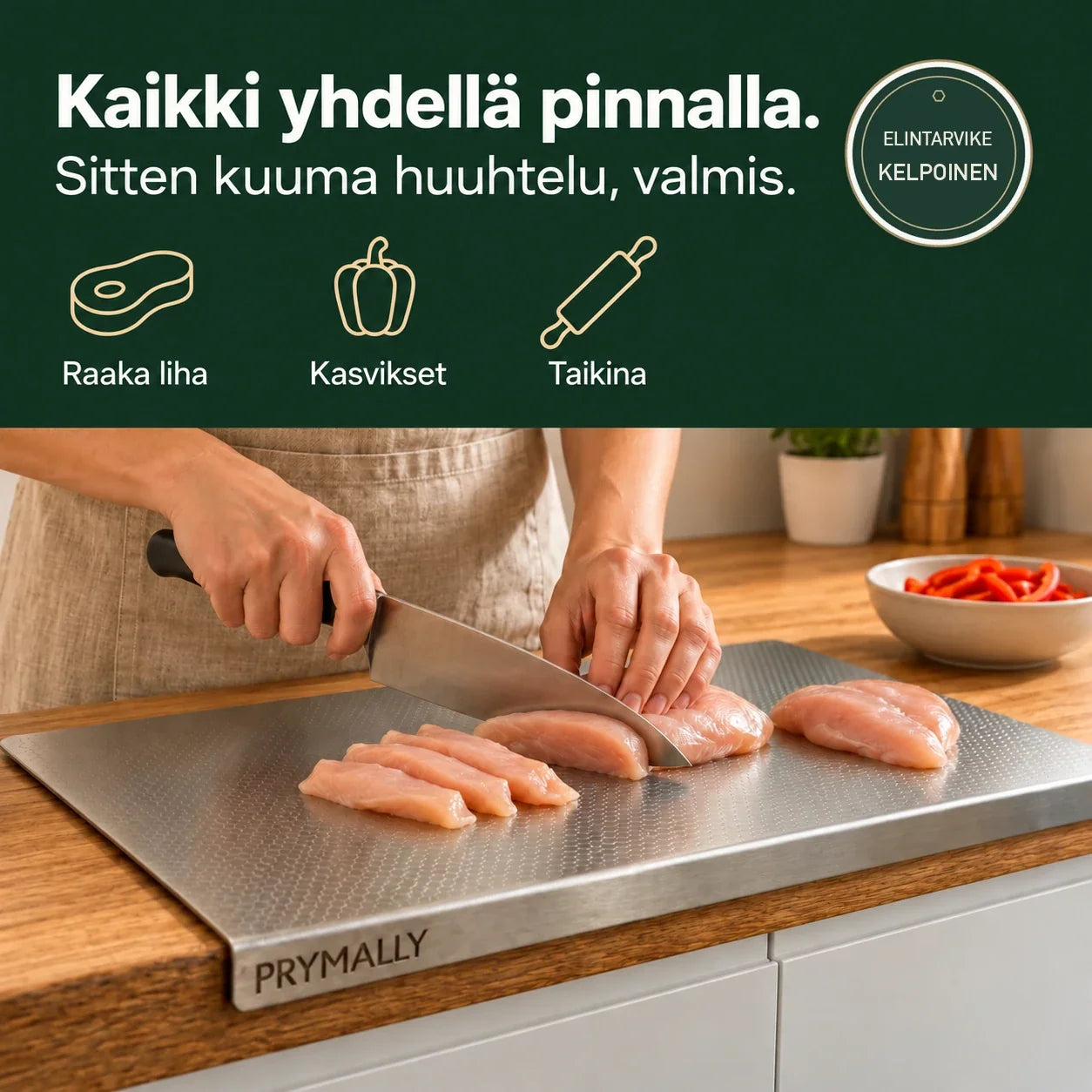 Raaka liha, kasvikset ja taikina yhdellä pinnalla